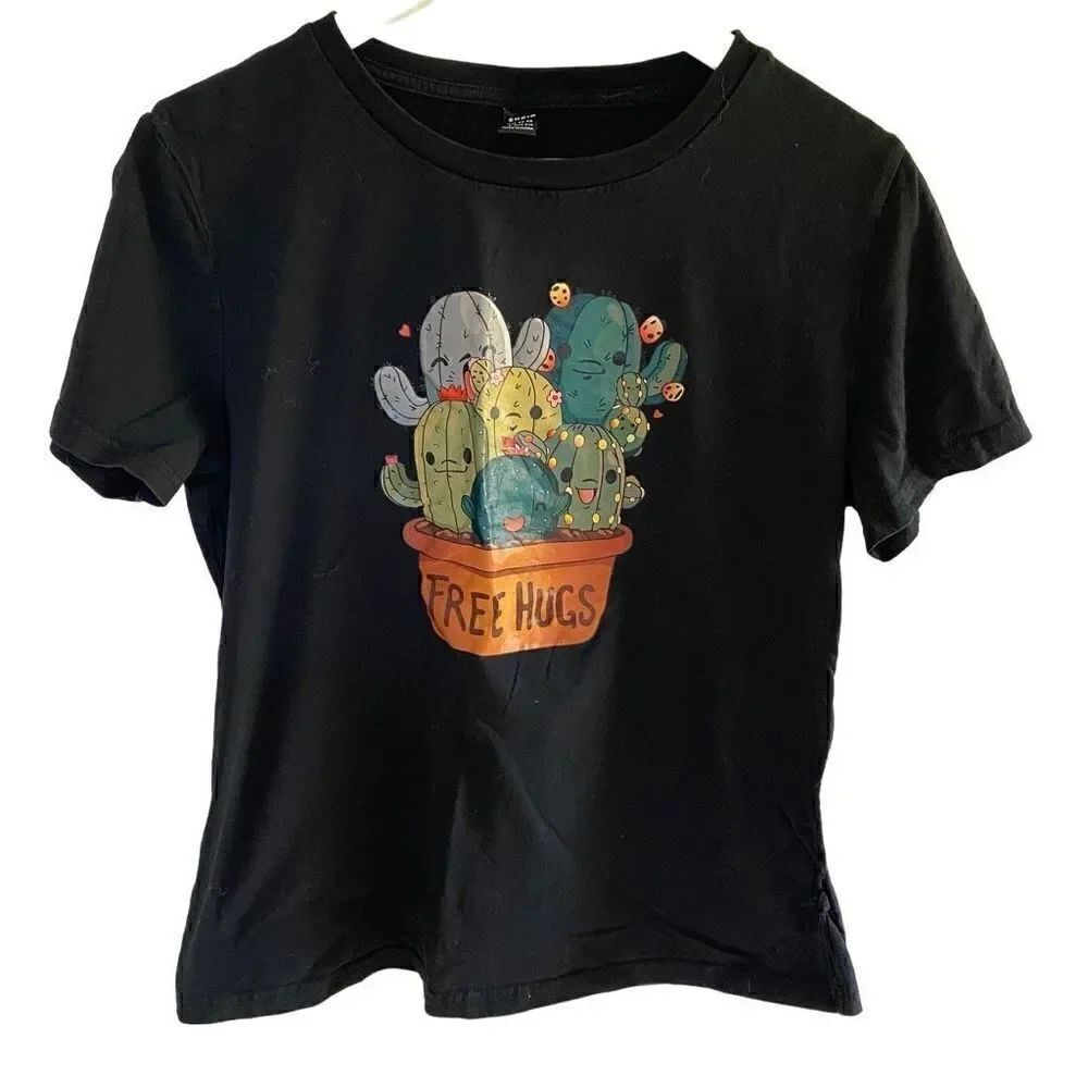 Shein Large short sleeve tshirt FREE HUGS cactus graphic tshirt succulents black